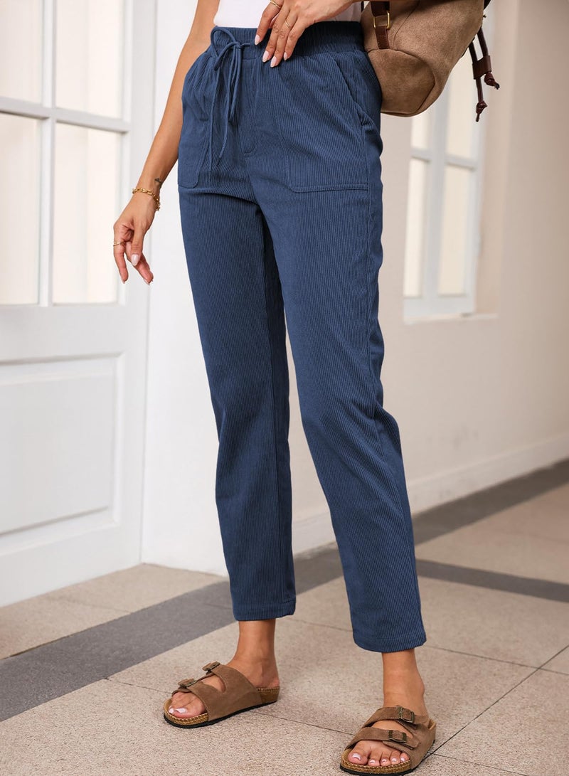 EVALESS Casual Corduroy Pants for Women Spring Fashion 2026 Drawstring Elastic Waist Pants Comfy Straight Leg Trousers with Pockets Dirty Blue X-Large - Image 3
