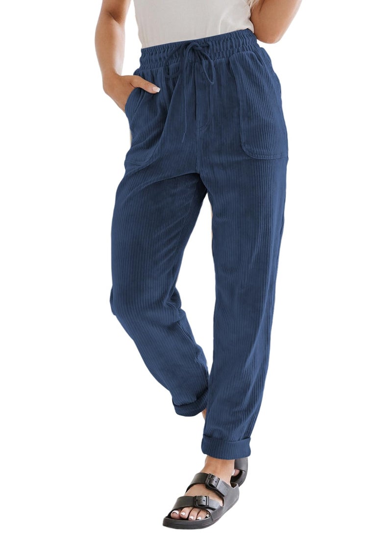 EVALESS Casual Corduroy Pants for Women Spring Fashion 2026 Drawstring Elastic Waist Pants Comfy Straight Leg Trousers with Pockets Dirty Blue X-Large - Image 1