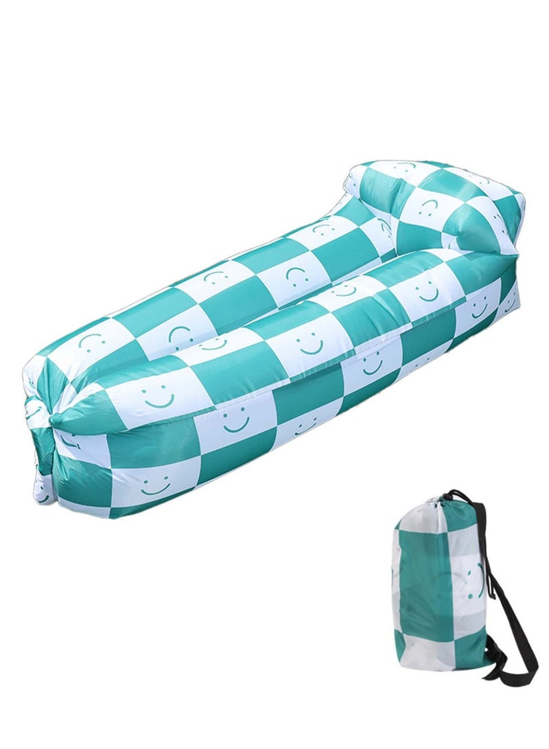 Green White Checkered Inflatable Outdoor Air Sofa, Lightweight Waterproof Blow Up Couch for Backyard Travel Park - Image 3