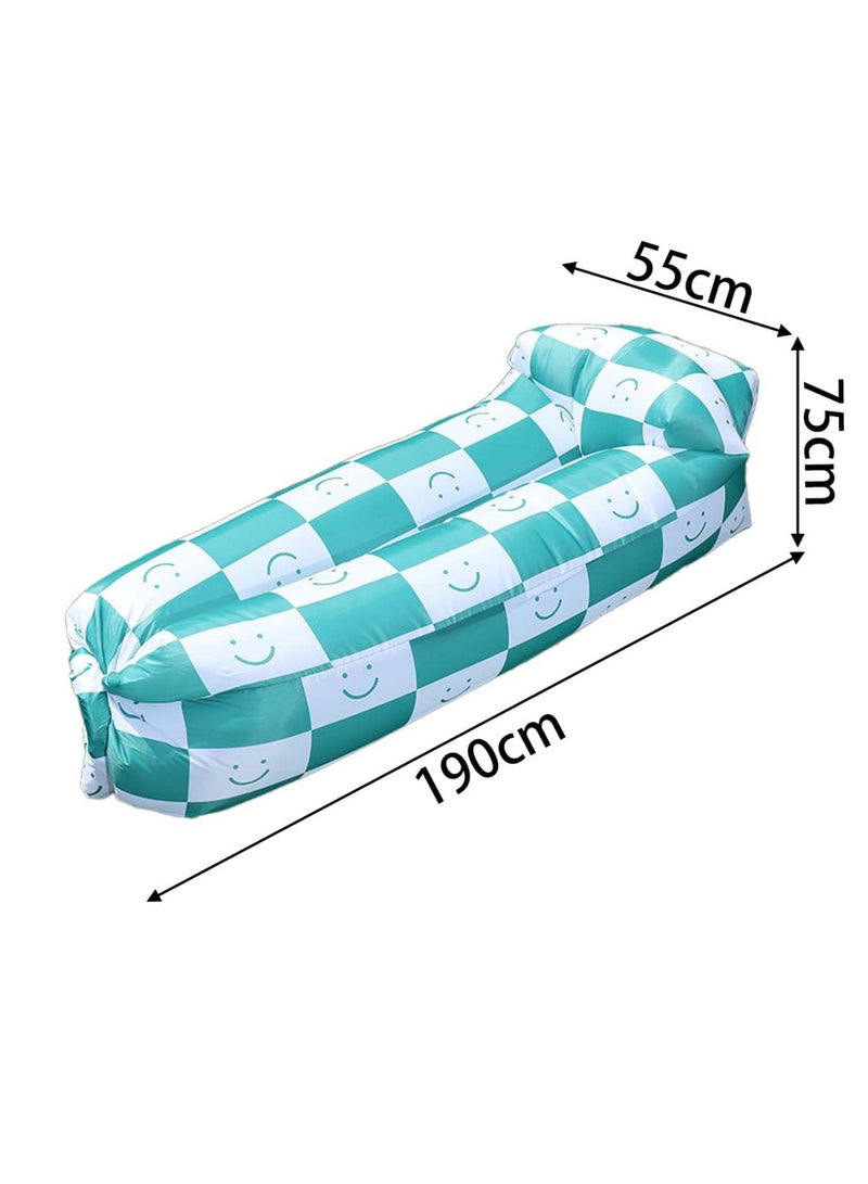 Green White Checkered Inflatable Outdoor Air Sofa, Lightweight Waterproof Blow Up Couch for Backyard Travel Park - Image 2