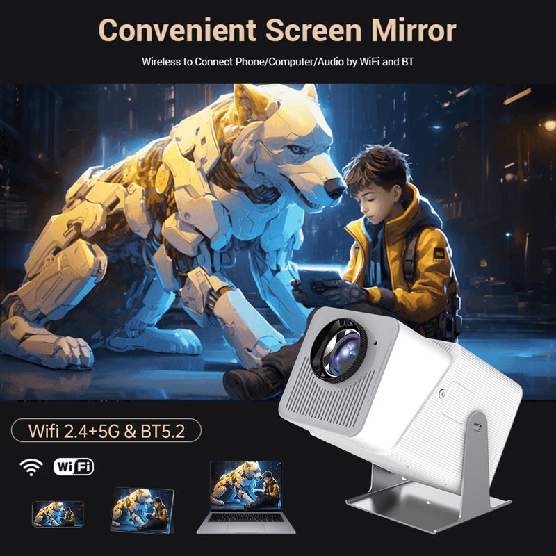 720P Projector WiFi BT5.2 Android 11 System 180°  Rotatable Movie Projector with 220in Display Screen Mirror Technique Built-in Speaker Auto Keystone Correction Support TV Box Computer Flash Disk for - Image 2