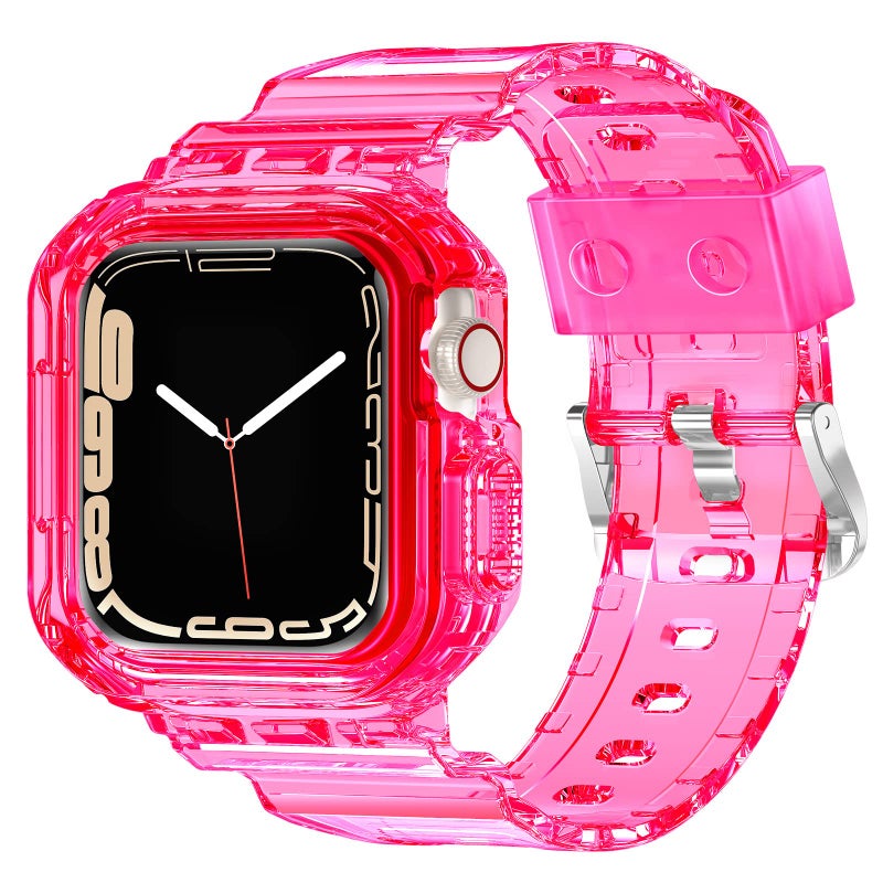 XYF Compatible for Crystal Clear Apple Watch Bands, 45mm 44mm 42mm Bumper Case for Men Women Jelly Sport Cover Strap for iWatch Ultra 3 2 Series 11 10 9 8 7 SE 6 5 4 3 (Neon Clear HotPink, 42/44/45) - Image 1