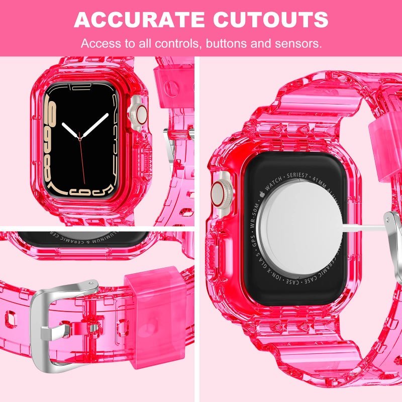 XYF Compatible for Crystal Clear Apple Watch Bands, 45mm 44mm 42mm Bumper Case for Men Women Jelly Sport Cover Strap for iWatch Ultra 3 2 Series 11 10 9 8 7 SE 6 5 4 3 (Neon Clear HotPink, 42/44/45) - Image 4
