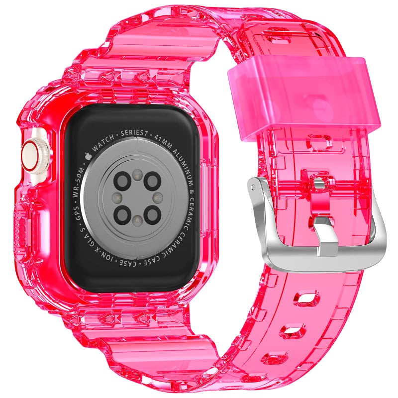 XYF Compatible for Crystal Clear Apple Watch Bands, 45mm 44mm 42mm Bumper Case for Men Women Jelly Sport Cover Strap for iWatch Ultra 3 2 Series 11 10 9 8 7 SE 6 5 4 3 (Neon Clear HotPink, 42/44/45) - Image 2