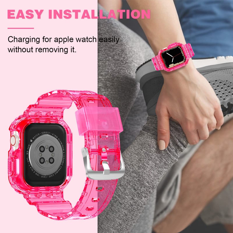 XYF Compatible for Crystal Clear Apple Watch Bands, 45mm 44mm 42mm Bumper Case for Men Women Jelly Sport Cover Strap for iWatch Ultra 3 2 Series 11 10 9 8 7 SE 6 5 4 3 (Neon Clear HotPink, 42/44/45) - Image 5