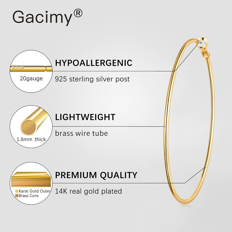Gacimy Large Hoop Earrings for Women 14K Gold Plated, 925 Sterling Silver Post Hoops for Women, 60mm Yellow Color Big Earrings - Image 2