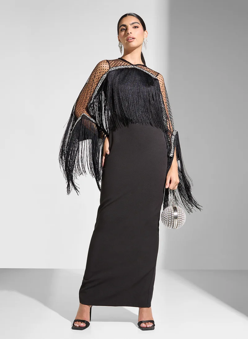 Golden Apple Fringed Overlay Maxi Dress