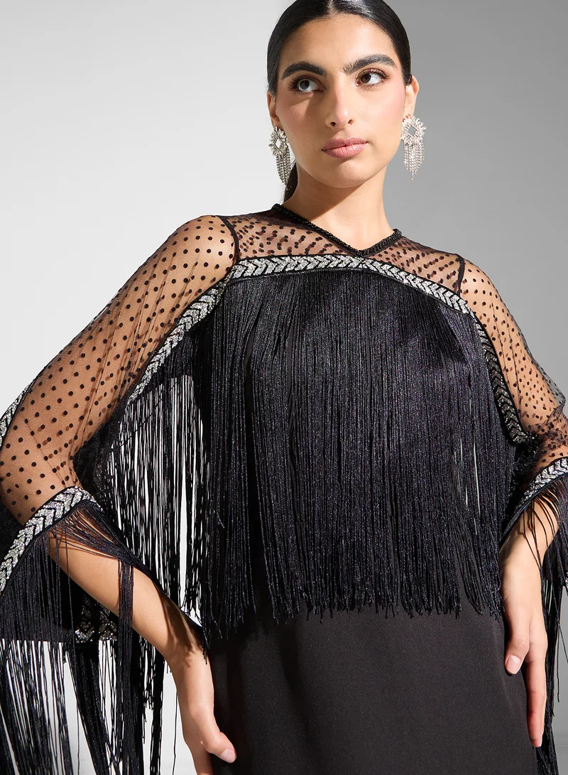 Golden Apple Fringed Overlay Maxi Dress