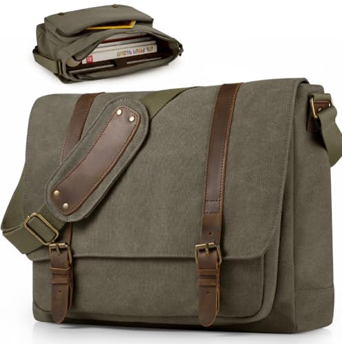 SMRITI Vintage Canvas Messenger Bag for Men 15.6-16 inch Laptop bag,Computer Satchel Shoulder Bag for School Work Travel (Green) - Image 1
