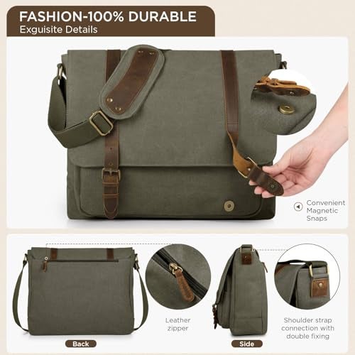 SMRITI Vintage Canvas Messenger Bag for Men 15.6-16 inch Laptop bag,Computer Satchel Shoulder Bag for School Work Travel (Green) - Image 5