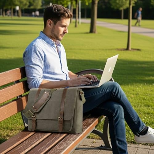 SMRITI Vintage Canvas Messenger Bag for Men 15.6-16 inch Laptop bag,Computer Satchel Shoulder Bag for School Work Travel (Green) - Image 2