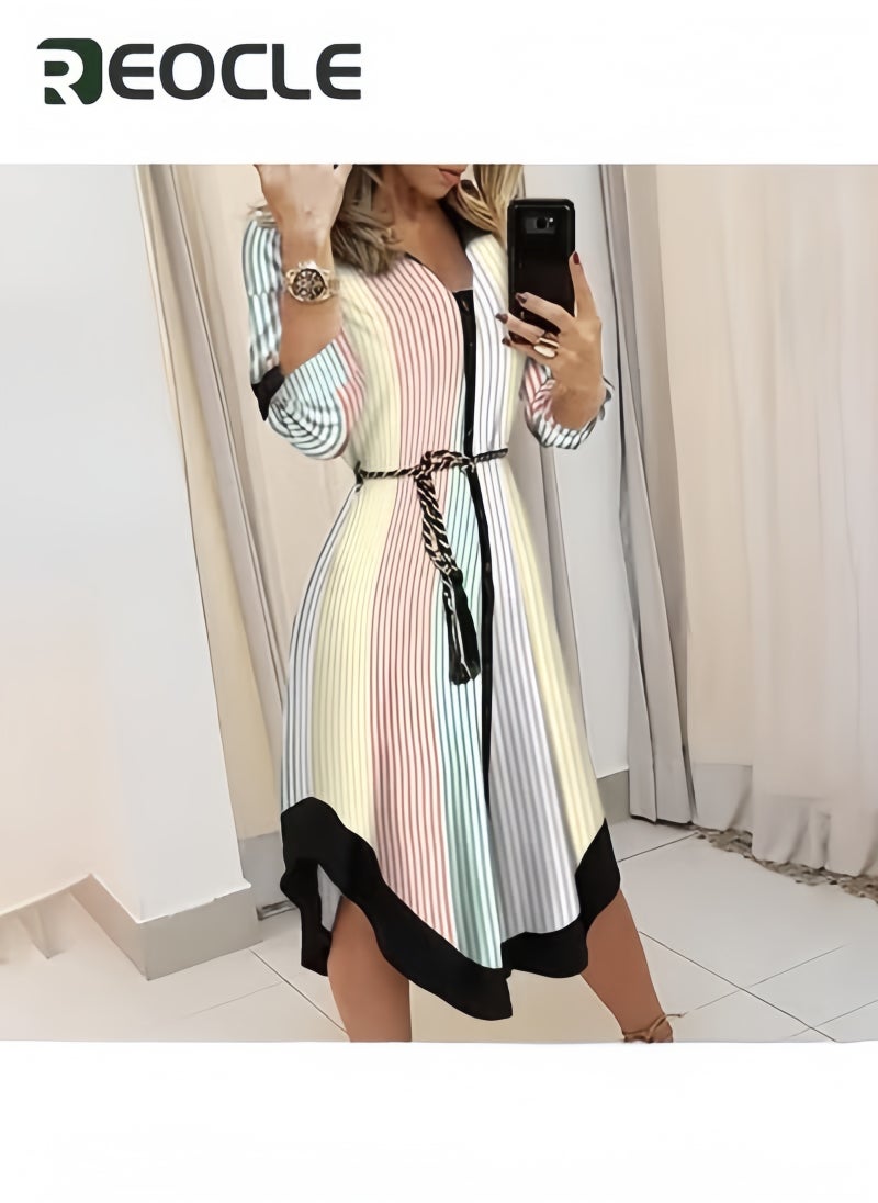 REOCLE Women's Button Down Shirt Dress Long Sleeve Shift Dress Casual Loose Maxi Dresses Commuter V-neck Tie Dress - Image 3
