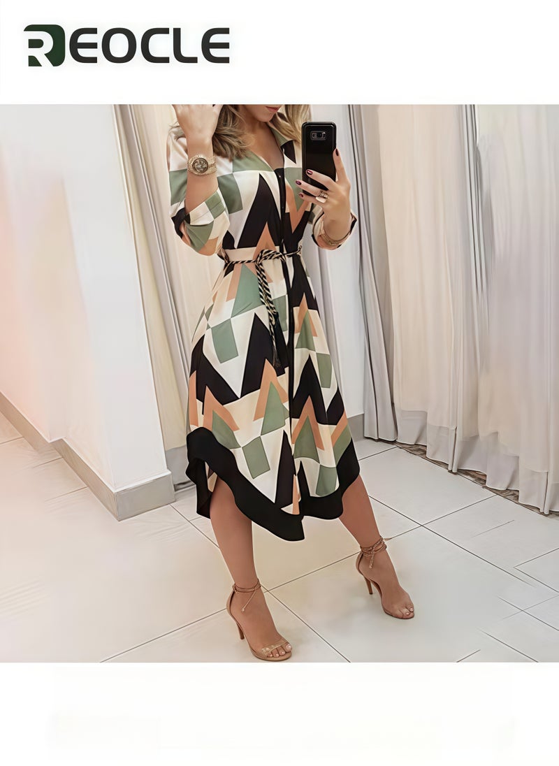 REOCLE Women's Button Down Shirt Dress Long Sleeve Shift Dress Casual Loose Maxi Dresses Commuter V-neck Tie Dress - Image 2