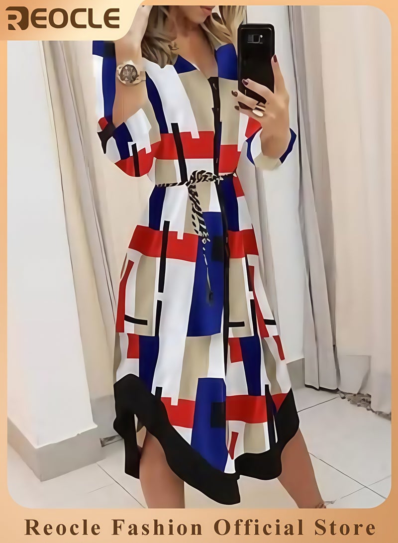 REOCLE Women's Button Down Shirt Dress Long Sleeve Shift Dress Casual Loose Maxi Dresses Commuter V-neck Tie Dress - Image 1