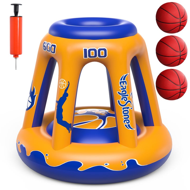 EagleStone Inflatable Floating Basketball Hoop 47 Pool Toy for Kids Ages 48 812 3 BasketballsPump Summer Outdoor Water Game Yellow - Image 2