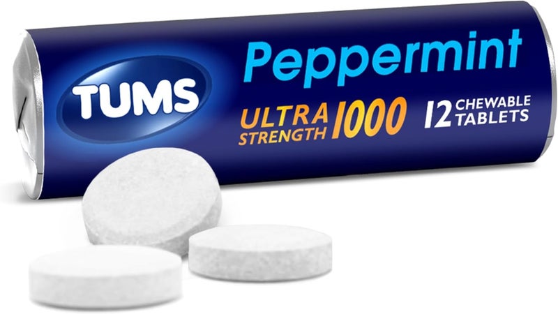 TUMS Ultra Strength Chewable Antacid Tablets for Heartburn Relief, Peppermint - 12 Count Rolls