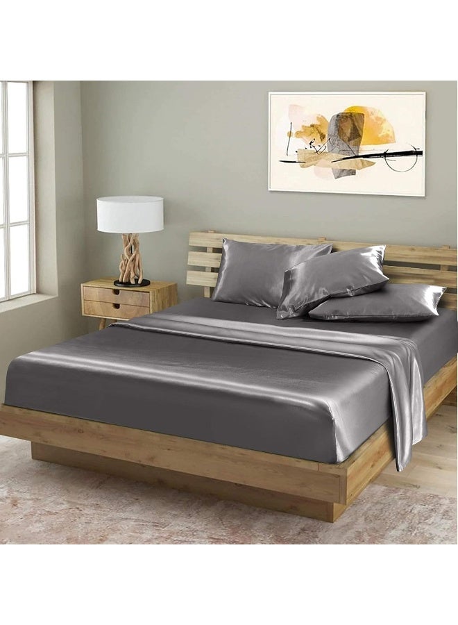 Niagara Sleep Solution Full Grey Bed Sheet Set 4 Pieces Silky Smooth Bridal Satin Deep Pocket Fitted, Flat, 2 Pillow Cases Wrinkle Stain, Fade Resistant (Grey Satin, Full)  - Image 5
