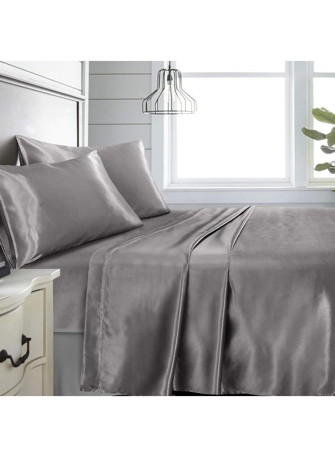 Niagara Sleep Solution Full Grey Bed Sheet Set 4 Pieces Silky Smooth Bridal Satin Deep Pocket Fitted, Flat, 2 Pillow Cases Wrinkle Stain, Fade Resistant (Grey Satin, Full)  - Image 1