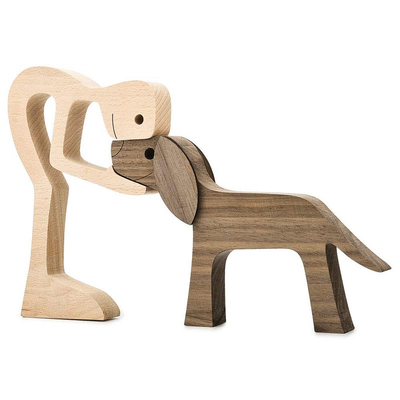 ishine Handmade Wooden Man and Dog Figurine  Home Decor Sculpture Large 10x6x08in EcoFriendly Gift