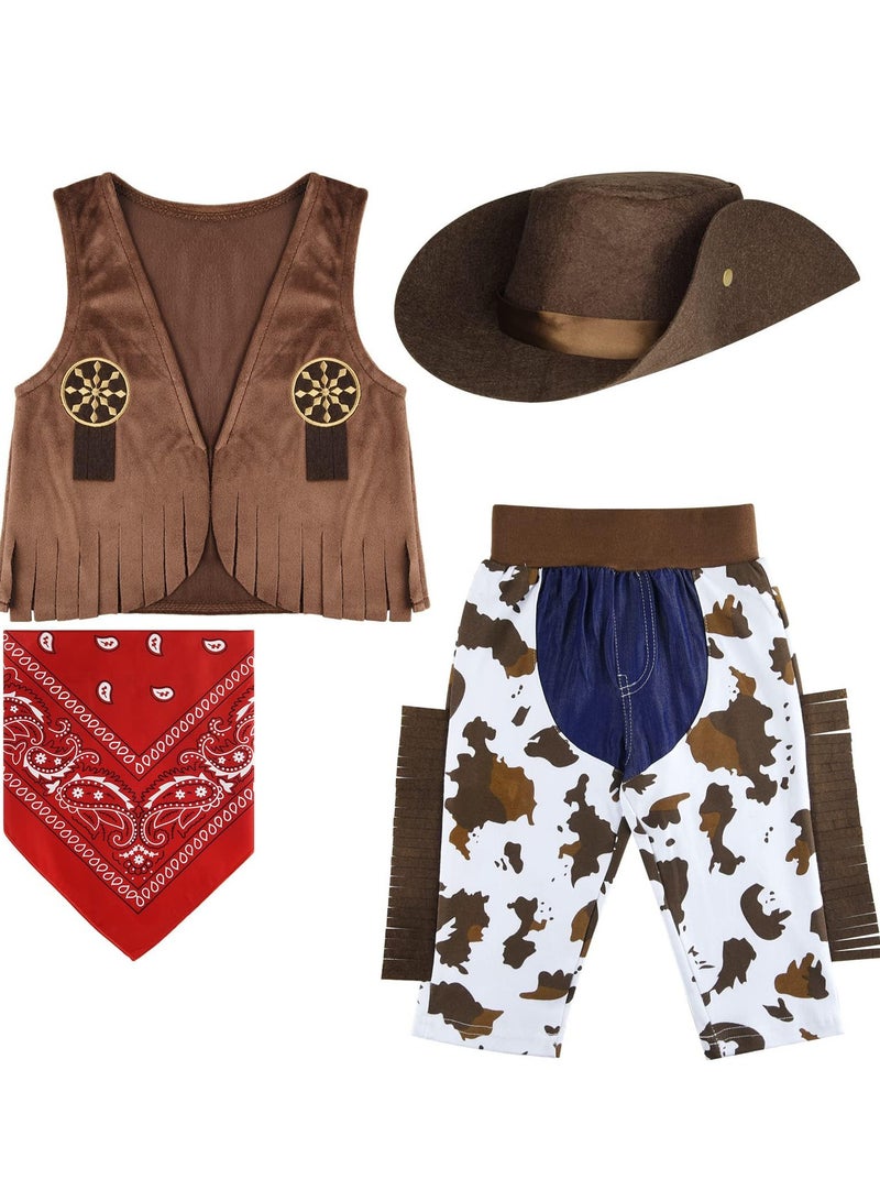 4 Pcs Kids Cowboy Costume Dress Up Outfit for Boys Chaps and Vest Set Hat with Bandanna for Girls Birthday Role Play Party Size 120 - Image 1