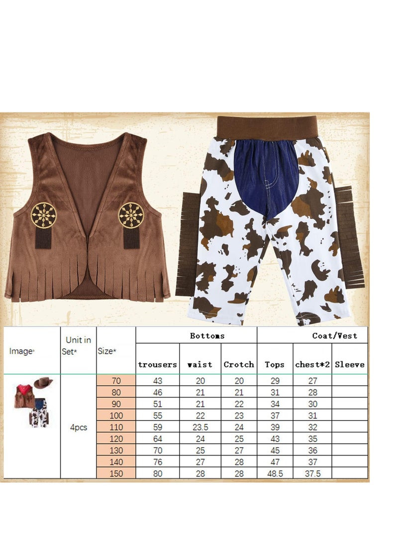 4 Pcs Kids Cowboy Costume Dress Up Outfit for Boys Chaps and Vest Set Hat with Bandanna for Girls Birthday Role Play Party Size 120 - Image 4