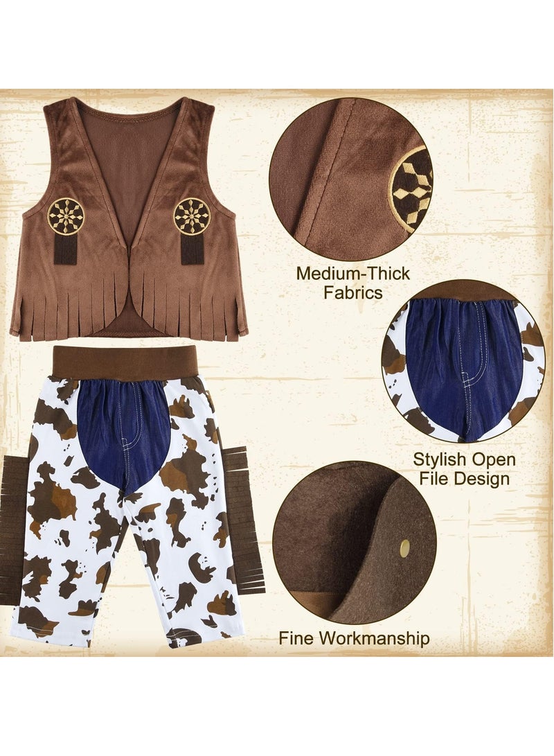 4 Pcs Kids Cowboy Costume Dress Up Outfit for Boys Chaps and Vest Set Hat with Bandanna for Girls Birthday Role Play Party Size 120 - Image 2