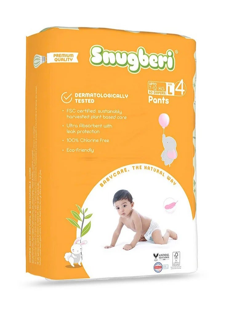 Snugberi Pant Style Diapers, Size 4 Large, 60 Pieces, 7-12kg - Dermatologically Tested, Chlorine Free, Ultra Absorbent with Leak Protection