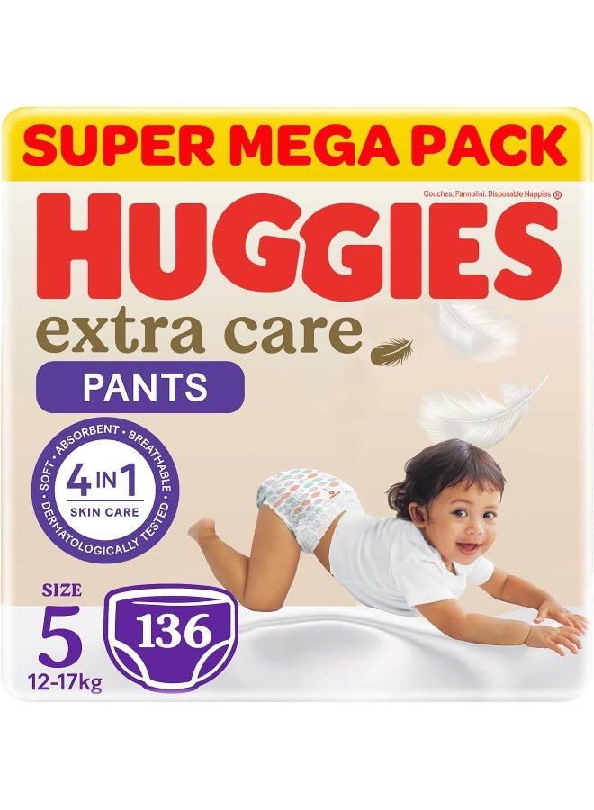 HUGGIES حفاضات هجيز إكسترا كير بحجم 5، 12-17 كجم، عبوة سوبر ميغا، 136 حفاضة - Image 1