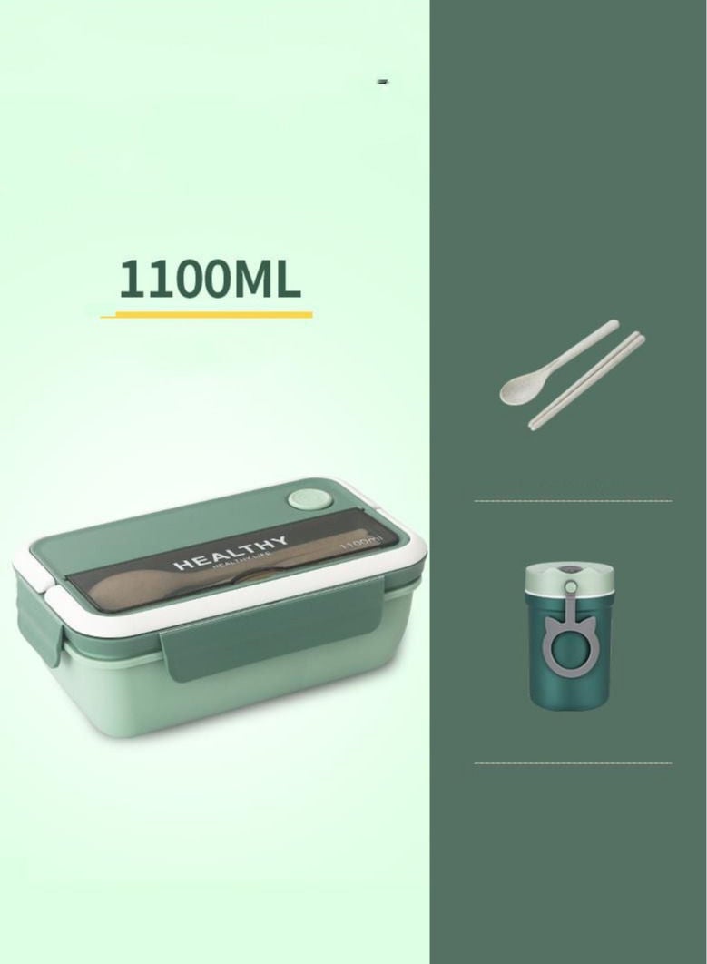 XiuWoo 4-Piece Lunch Box Set 1100ML Bento Box With Dinner Cup And Cutlery-Green  - Image 1