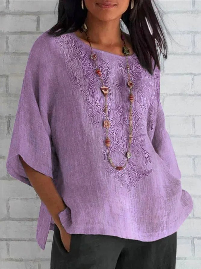 Autumn and Winter New Women's 7-point Sleeve Loose Casual Printed T-Shirt Linen Cotton and Linen Cross Border