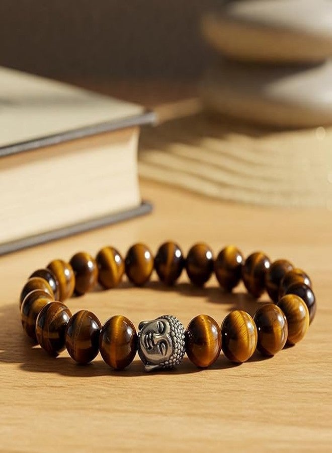 Sukhad Tiger Eye Buddha Head Bracelet for Men & Women | Natural Tiger Eye Stone Beaded Stretch Bracelet | Spiritual Meditation Energy Bracelet Jewelry - Image 2