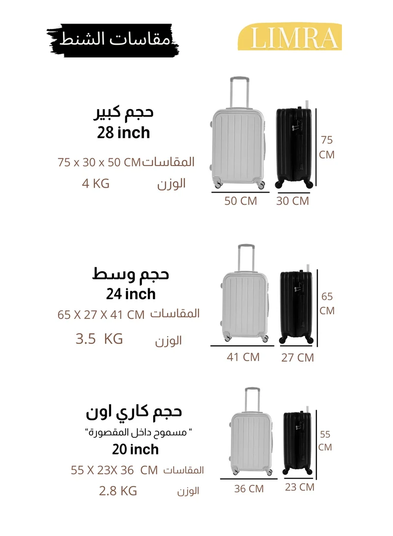 ليمرا طقم شنط سفر مكون من 5 حقائب أمتعة بعجلات وبتصميم صلب و قوي فضي