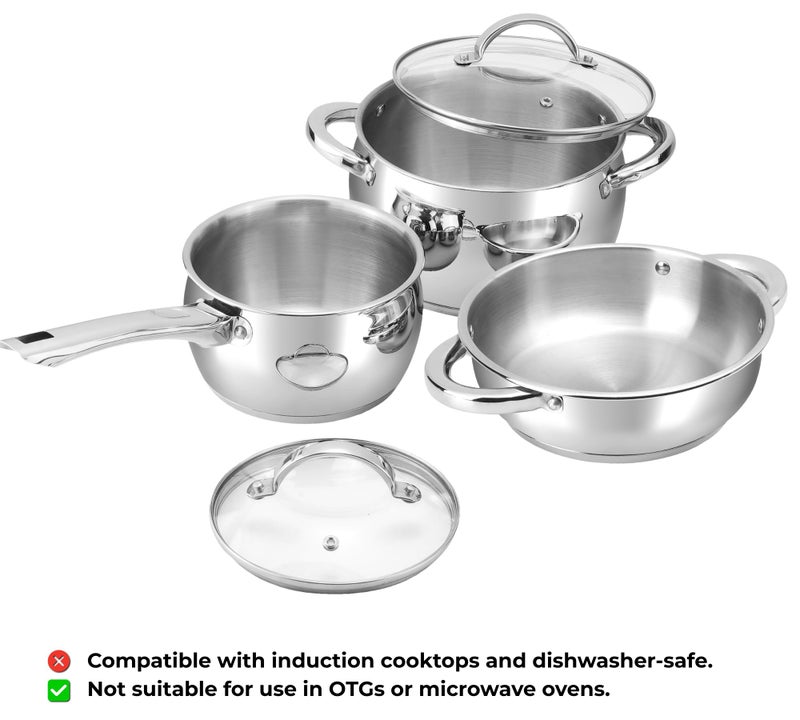 Vinod Letten Stainless Steel Cookware Set - 3 Pcs, Kadai 2 L, Saucepan 2.2 L, Saucepot 4.2 Litre with Common Glass Lid, SAS Bottom, Belly Shape Pan for Cooking, Induction Base, Gift Combo Pack - Image 4