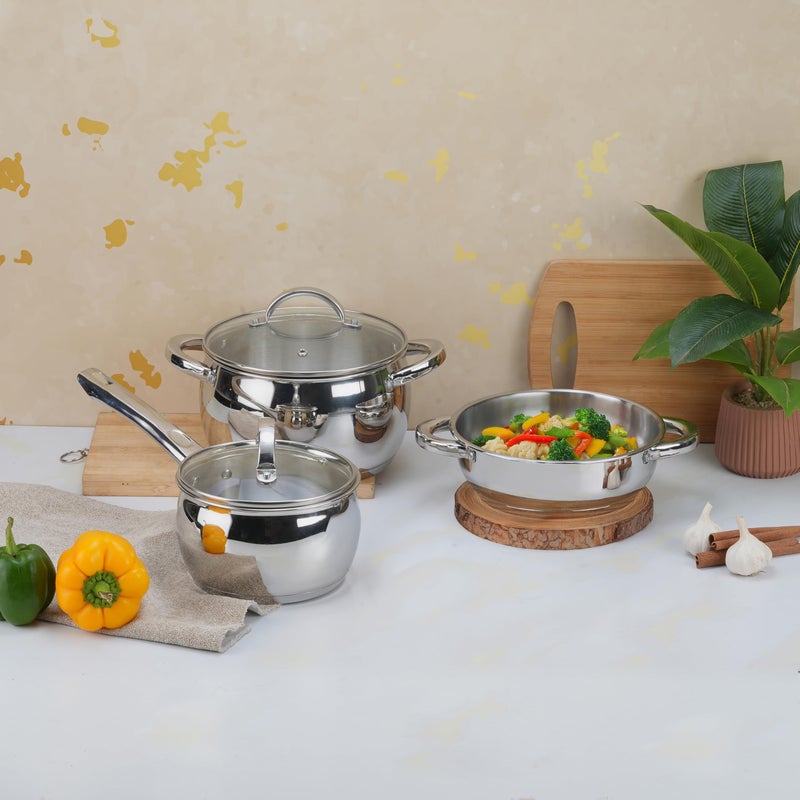 Vinod Letten Stainless Steel Cookware Set - 3 Pcs, Kadai 2 L, Saucepan 2.2 L, Saucepot 4.2 Litre with Common Glass Lid, SAS Bottom, Belly Shape Pan for Cooking, Induction Base, Gift Combo Pack - Image 2