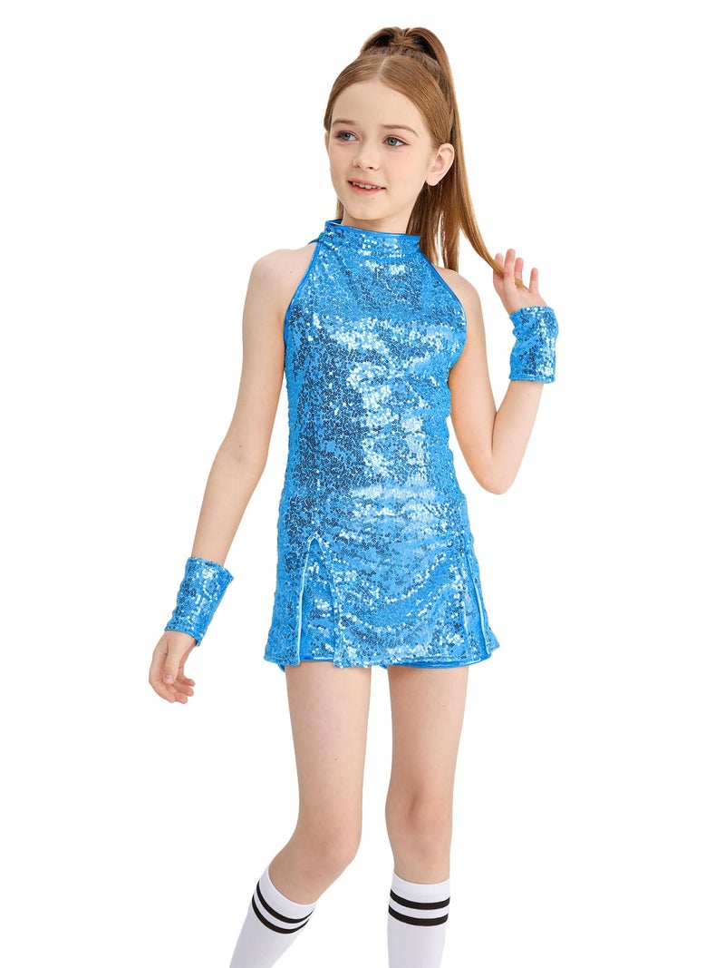 LOLANTA Girls Sequin Dance Costumes Sparkle Hip Hop Jazz Dance Outfits Sleeveless Top Shorts Sky Blue 89 Years
