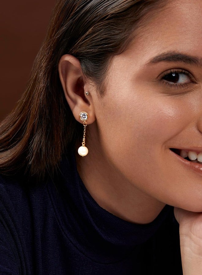 MINUTIAE Stylish Chain Dangling Diamond Pearl Daily Office Wear Crystal Stud Earrings for Women And Girls - Image 3