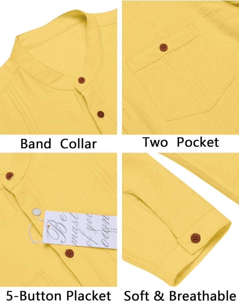Macsivo Cotton Blend Solid Casual Short Kurta for Men Long Sleeve Mandarin Collar Stylish Shirt Kurta for Men Yellow - Image 4