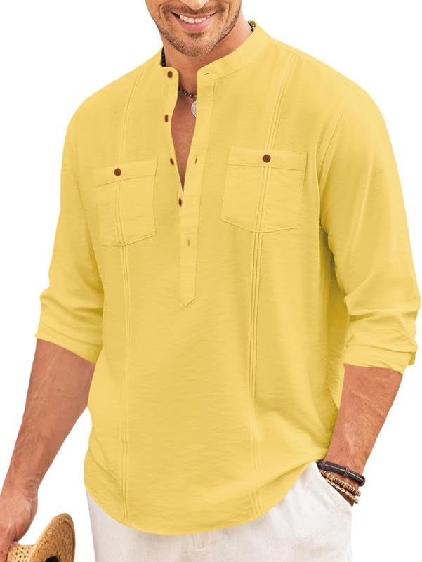 Macsivo Cotton Blend Solid Casual Short Kurta for Men Long Sleeve Mandarin Collar Stylish Shirt Kurta for Men Yellow - Image 5