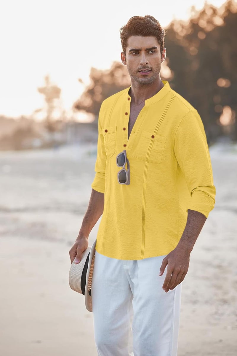 Macsivo Cotton Blend Solid Casual Short Kurta for Men Long Sleeve Mandarin Collar Stylish Shirt Kurta for Men Yellow - Image 3