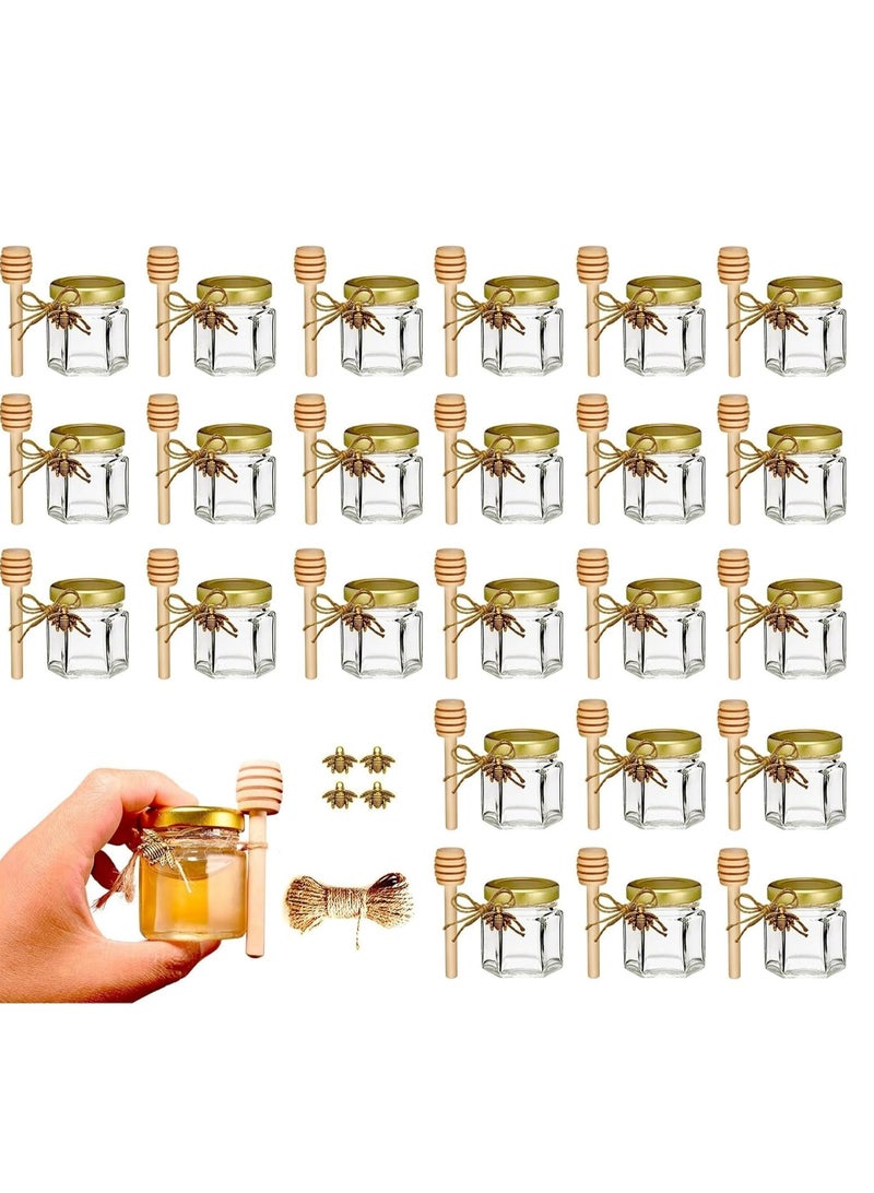 Joyelink 25Pack Mini Glass Honey Jars - Hexagon Little Glass Honey Jar with Gold Lids, Wooden Dippers, Bee Charms and Twine - Small Honey Jars for Wedding Favors, Party Favors - Image 1