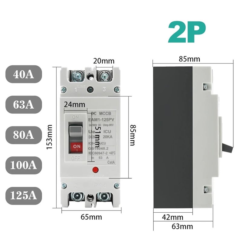 2P 100A DC قاطع الدائرة المصبوب MCCB لحماية من التحميل الزائد للمنظومات الكهروضوئية PV - Image 5