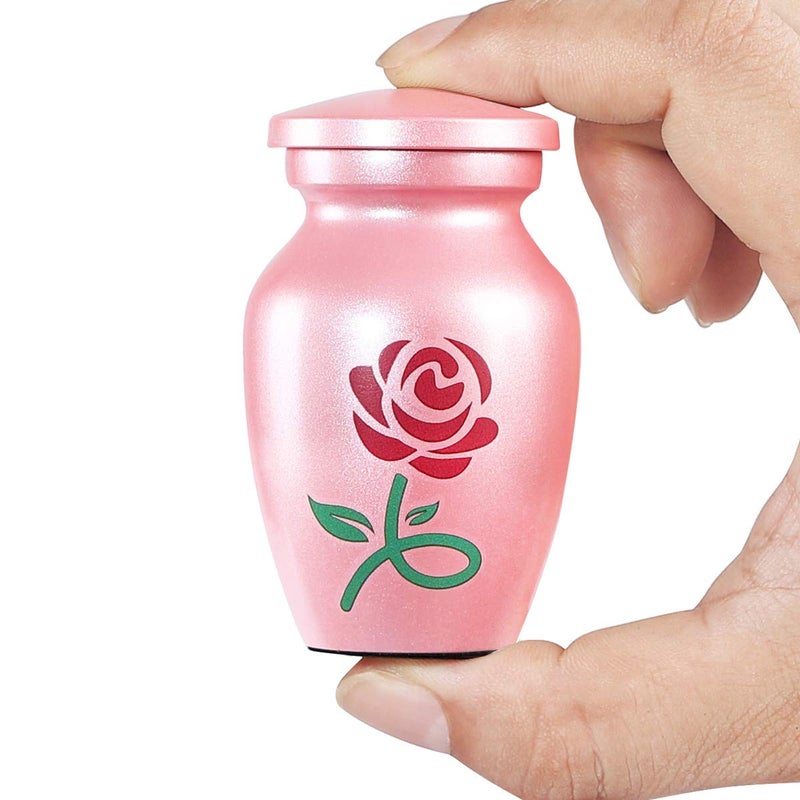 ICOKEE Small Pink Keepsake Urn for Human Ashes or Pet Ashes Qty 1 Rose Flower Aluminum Cremation Urn Mini Funeral Urn with Velvet Bag