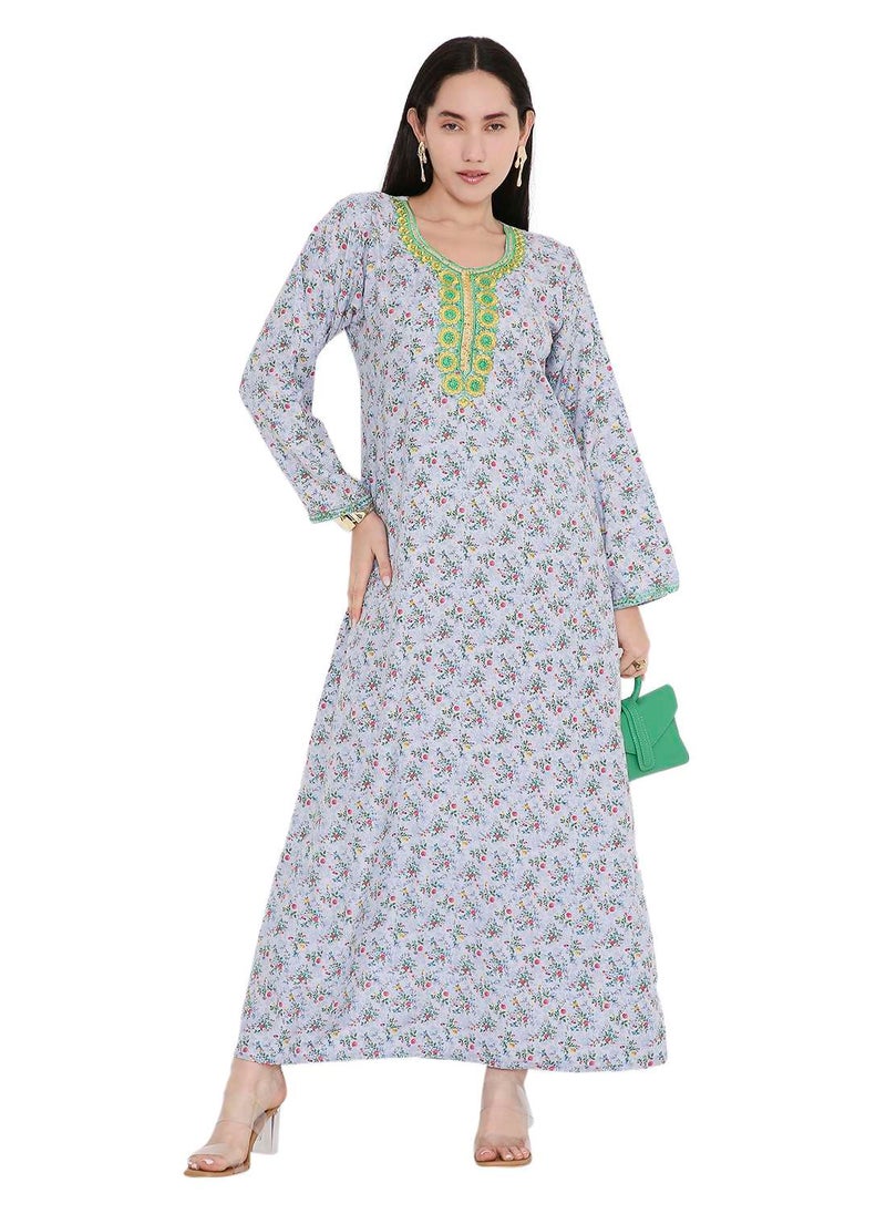 HANA & SARA ELEGANT FARASHA WITH UNIQUE THREAD EMBROIDERY AND STYLISH PRINTED MODEST ARABIC KAFTAN JALABIYA DRESS  - Image 1