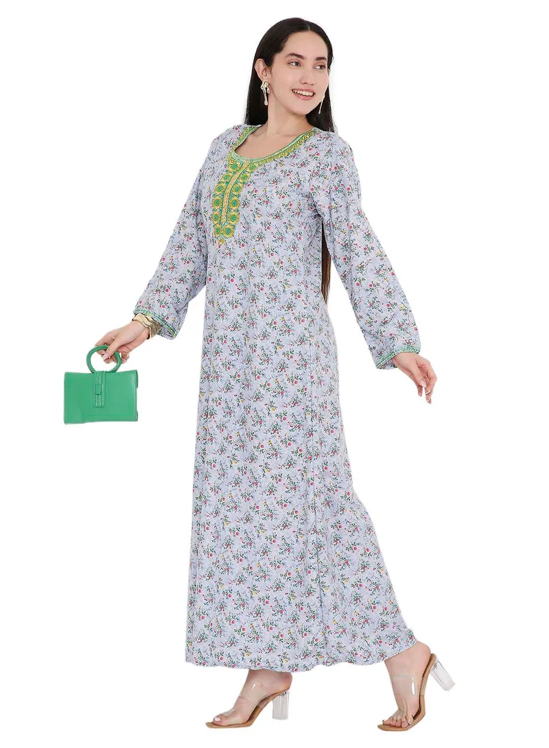HANA & SARA ELEGANT FARASHA WITH UNIQUE THREAD EMBROIDERY AND STYLISH PRINTED MODEST ARABIC KAFTAN JALABIYA DRESS