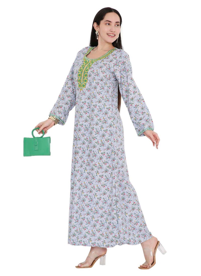 HANA & SARA ELEGANT FARASHA WITH UNIQUE THREAD EMBROIDERY AND STYLISH PRINTED MODEST ARABIC KAFTAN JALABIYA DRESS  - Image 4