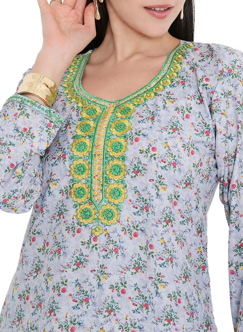 HANA & SARA ELEGANT FARASHA WITH UNIQUE THREAD EMBROIDERY AND STYLISH PRINTED MODEST ARABIC KAFTAN JALABIYA DRESS