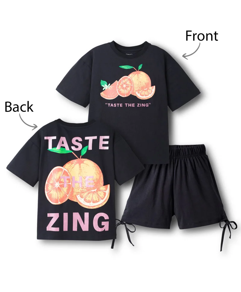 Primo Gino Primo Gino 100% Cotton Knit Half Sleeves Oversized T-Shirt & Short Set With Front & Back Orange Print - Black
