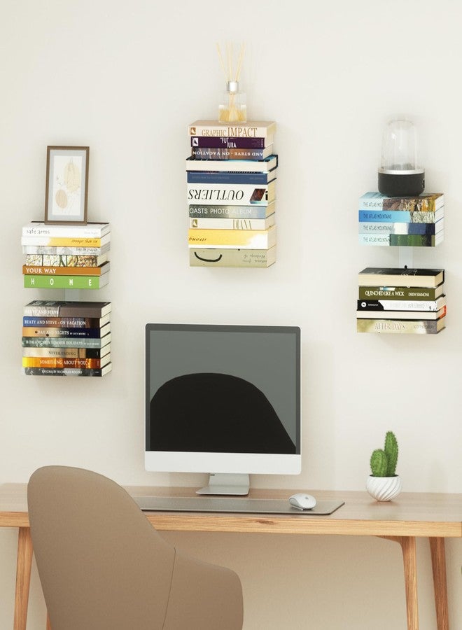 Mefirt Invisible Floating Bookshelves for Wall, 2 Tier Vertical Spine Book Tower, Heavy Duty Floating Book Shelves Metal White Book Organizers for Bedroom Living Room Office Study Room, 3 Pack - Image 2