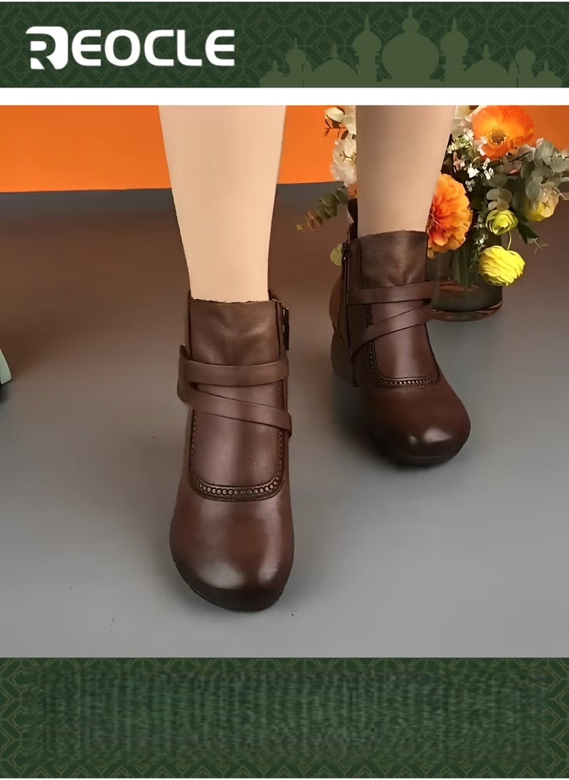REOCLE Women's Ankle Boots Vintage Leather Short Boots Dressy Round Toe Shoes Casual Comfortable Boots with Arch Support & Premium Leather Fabric  - Image 1