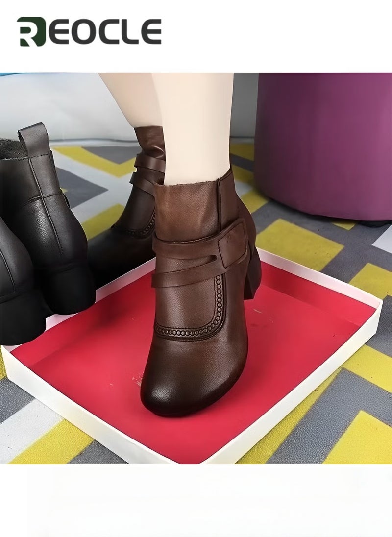 REOCLE Women's Ankle Boots Vintage Leather Short Boots Dressy Round Toe Shoes Casual Comfortable Boots with Arch Support & Premium Leather Fabric  - Image 4